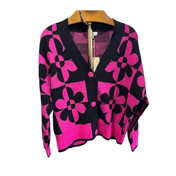 entro Sweaters - Entro New Pink and Black Floral Cardigan Retro Large